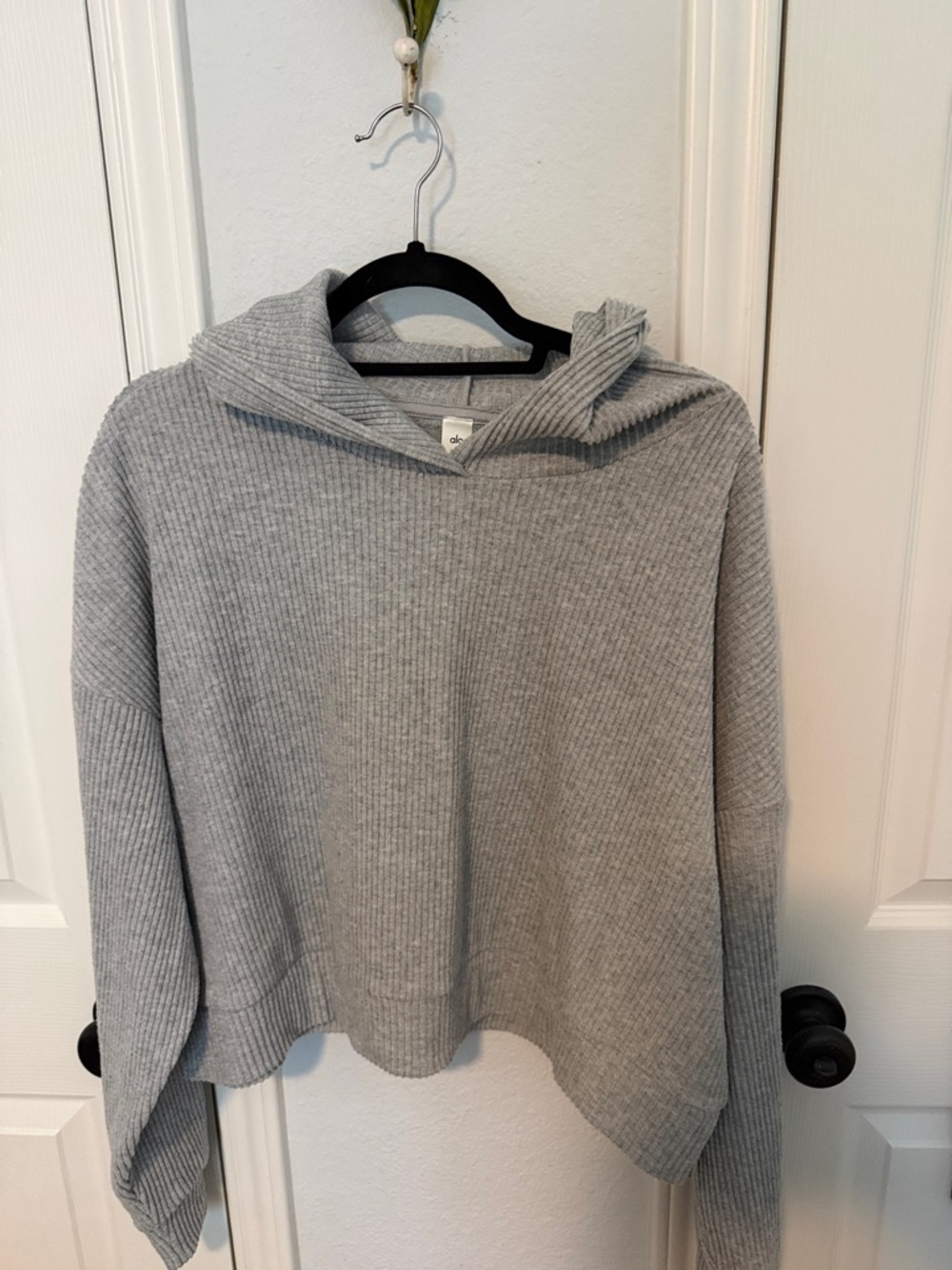 ALO Yoga Light Gray Ribbed Cropped Hooded Pullover